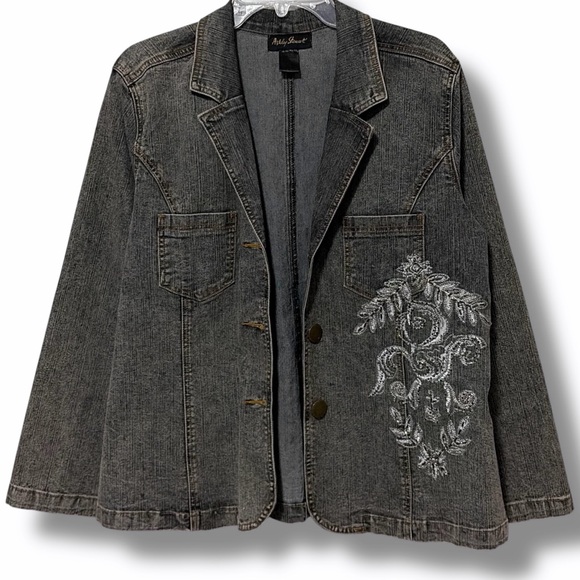 ASHLEY STEWART Embroidered Button Front Denim Jacket - Picture 2 of 13